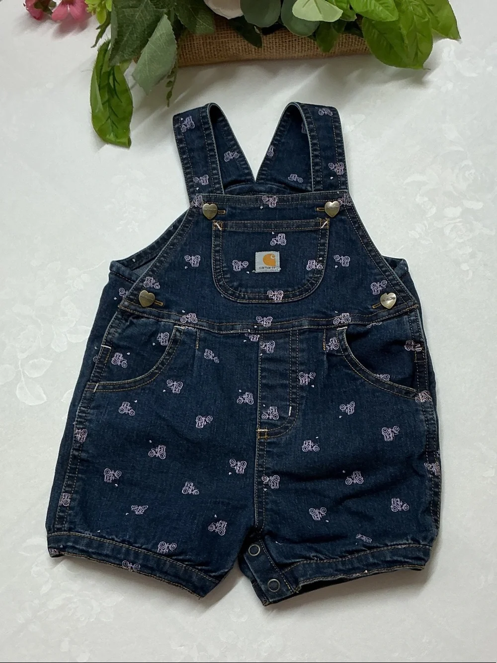 Carhartt Navy Denim Kids Short Overalls with Pink Print